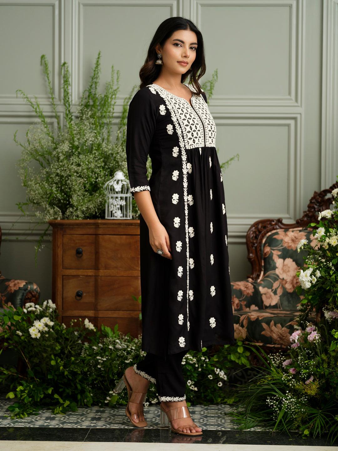 Women’s Black Hand Chikankari Embroidery A-Line Kurta with Pant