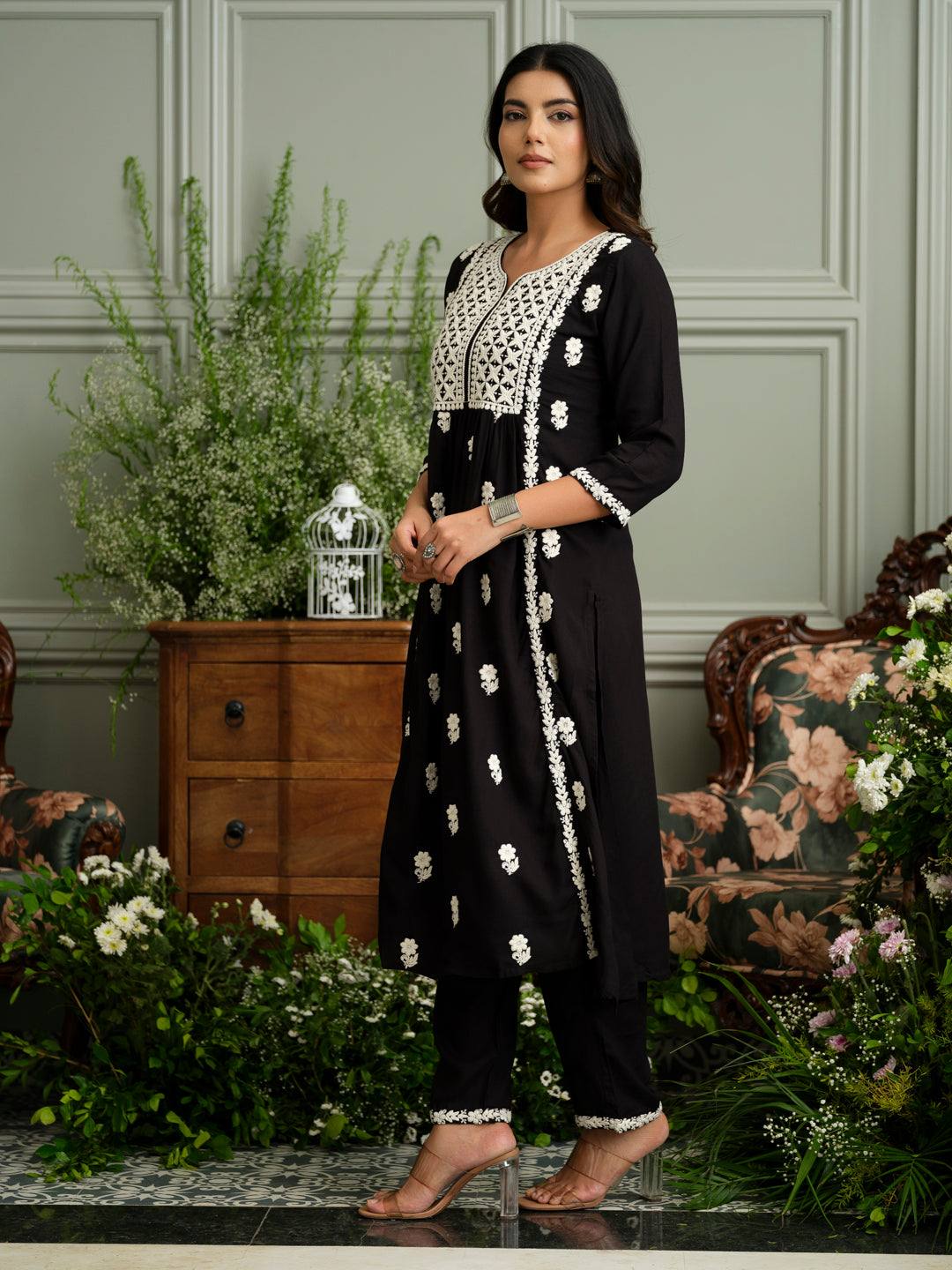 Women’s Black Hand Chikankari Embroidery A-Line Kurta with Pant