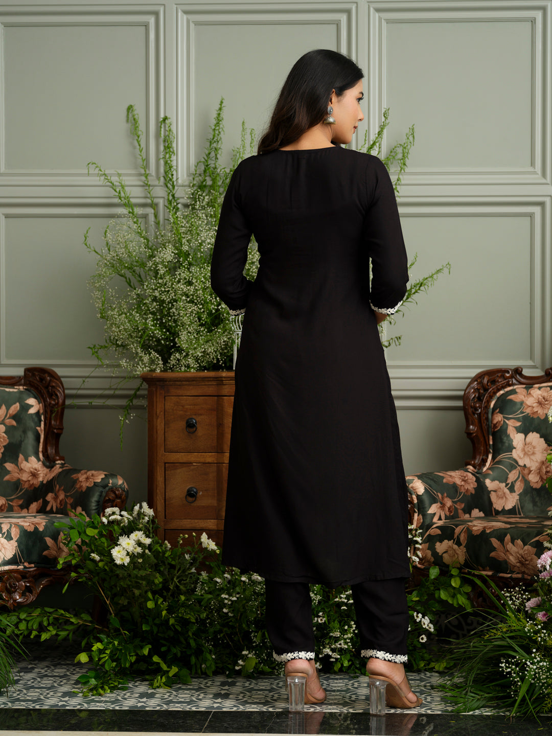 Women’s Black Hand Chikankari Embroidery A-Line Kurta with Pant