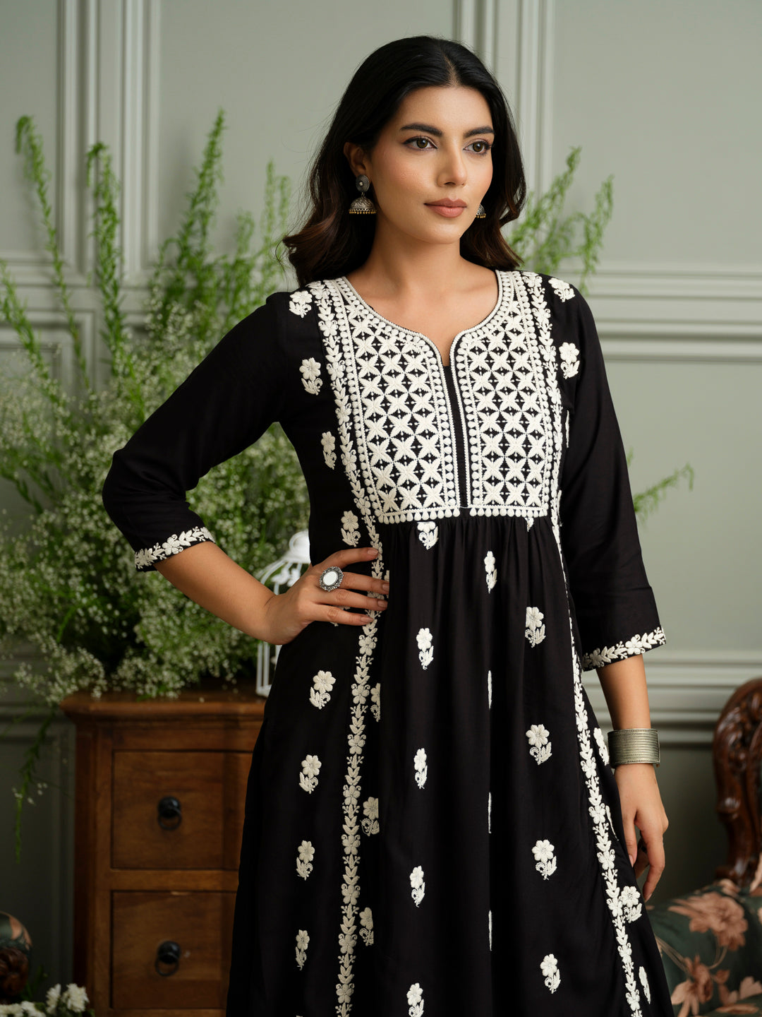 Women’s Black Hand Chikankari Embroidery A-Line Kurta with Pant