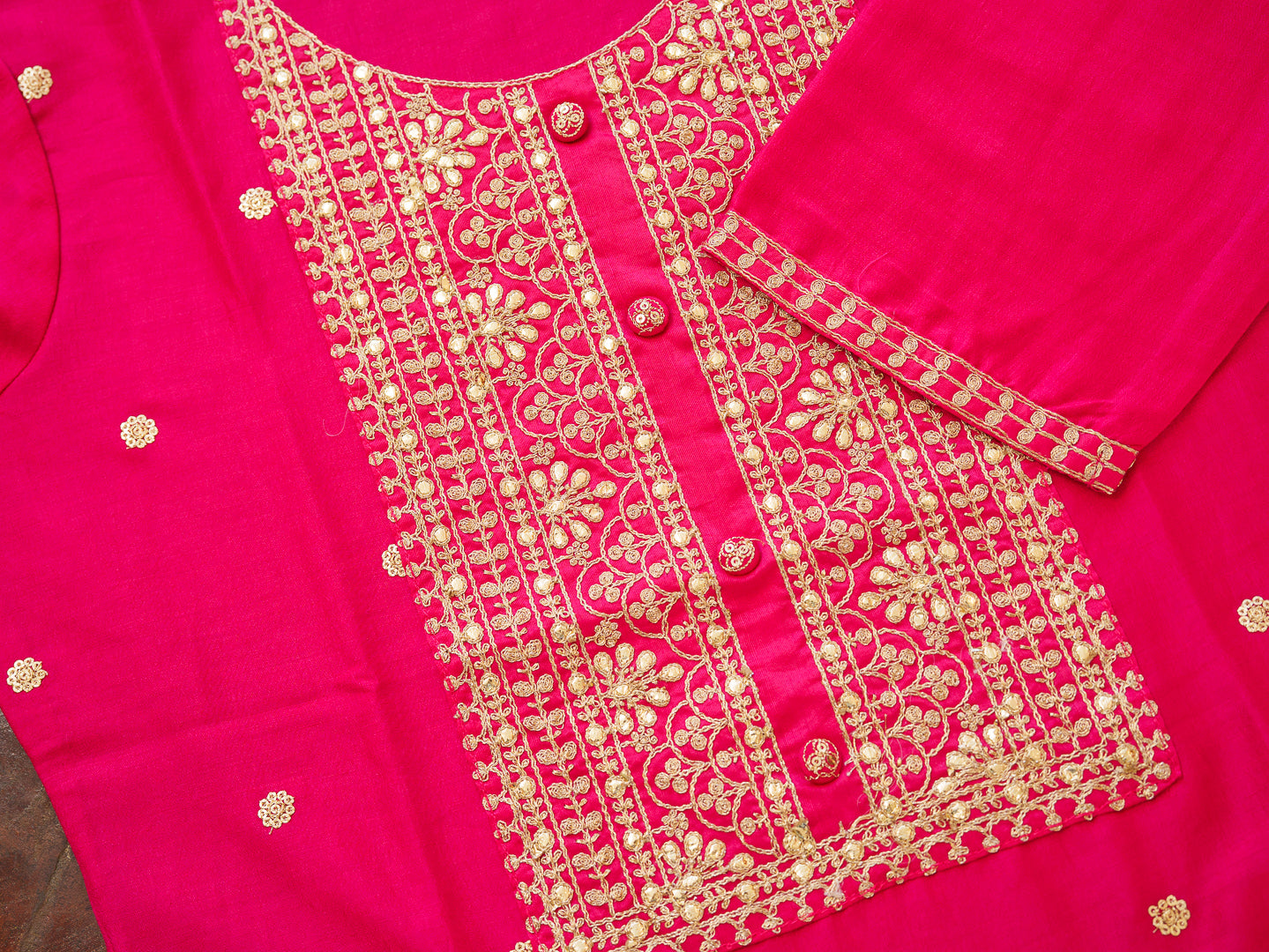 Pink Embroidered Kurta with Gold Polka Dots and Panel Work