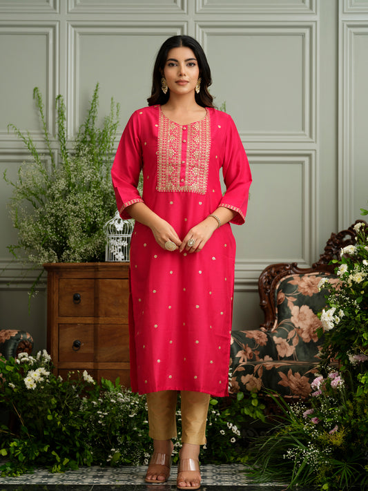 Pink Embroidered Kurta with Gold Polka Dots and Panel Work