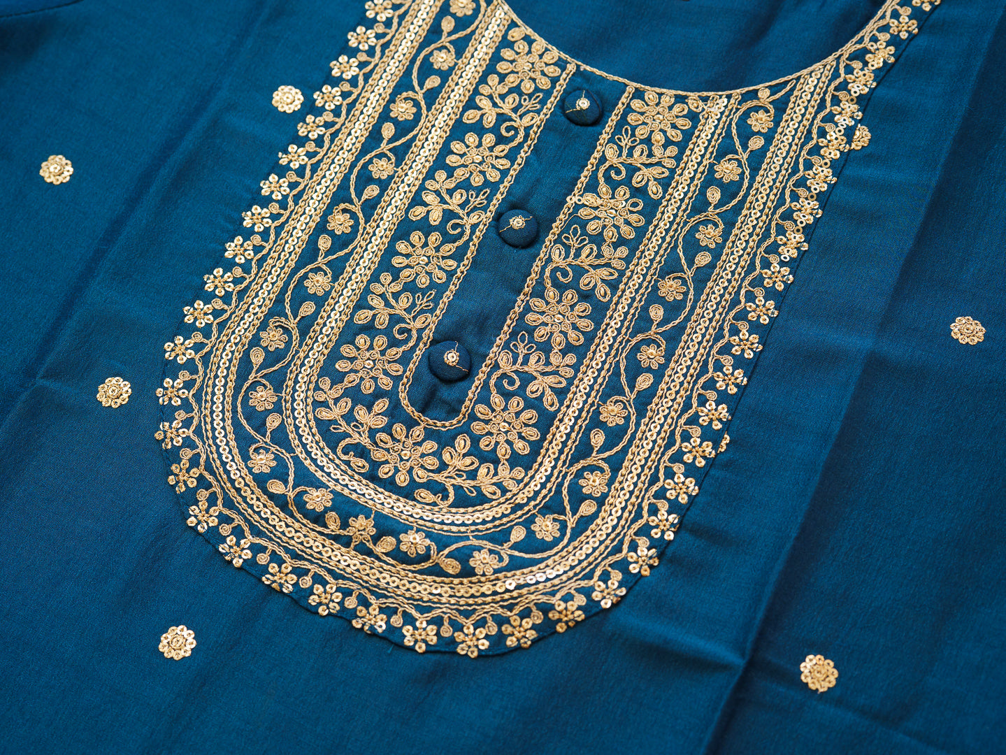 Navy Blue Kurta with Embroidered Neckline and Gold Accents