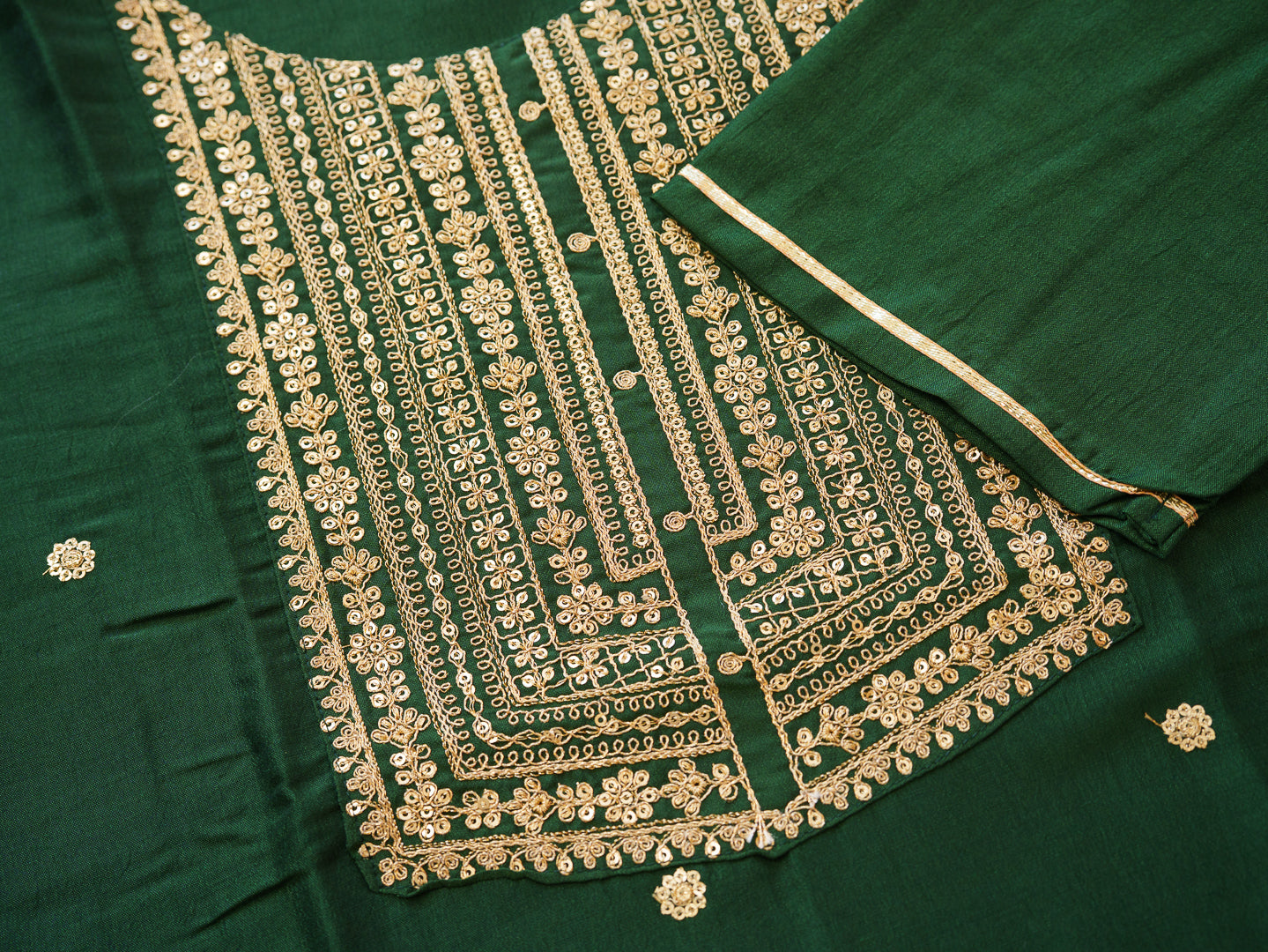 Mehndi Green Embroidered Kurta with Gold Polka and Yoke Design