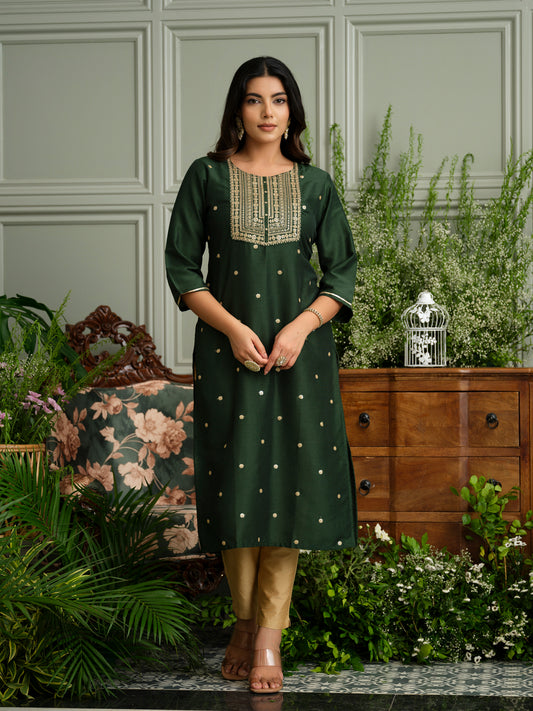 Mehndi Green Embroidered Kurta with Gold Polka and Yoke Design