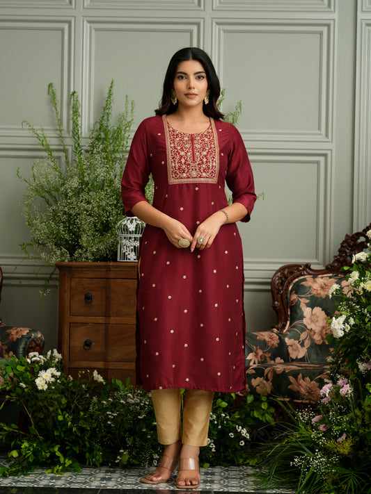 Maroon Embroidered Kurta with Gold Polka Accents and Yoke Detailing