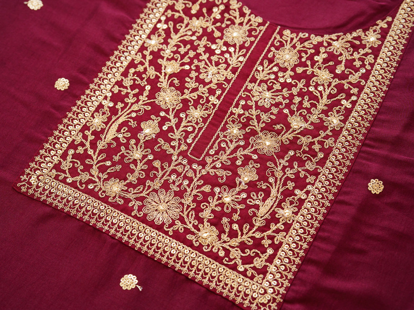 Maroon Embroidered Kurta with Gold Polka Accents and Yoke Detailing
