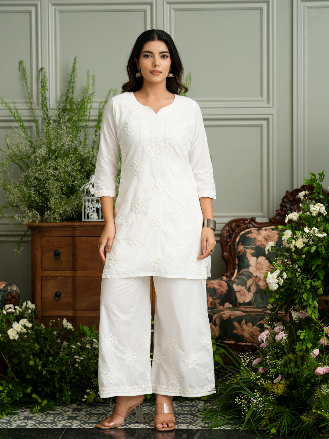 White Embroidered Cotton Co-ord Set with Kurta & Wide-Leg Pants