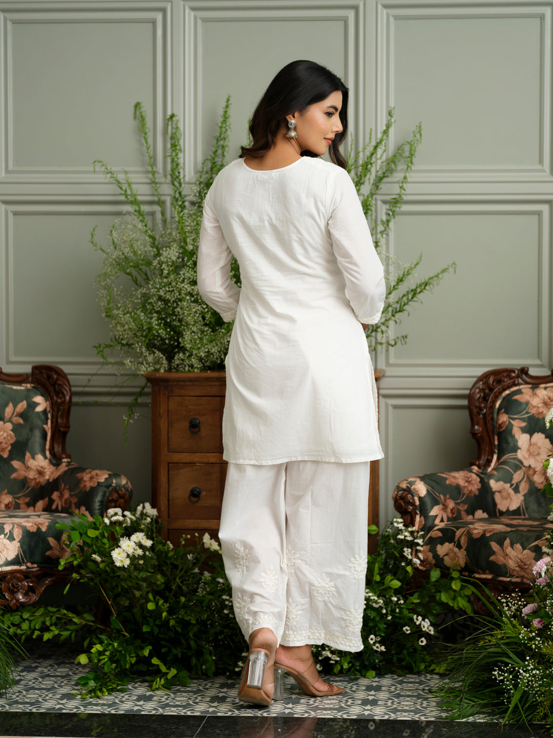 White Embroidered Cotton Co-ord Set with Kurta & Wide-Leg Pants