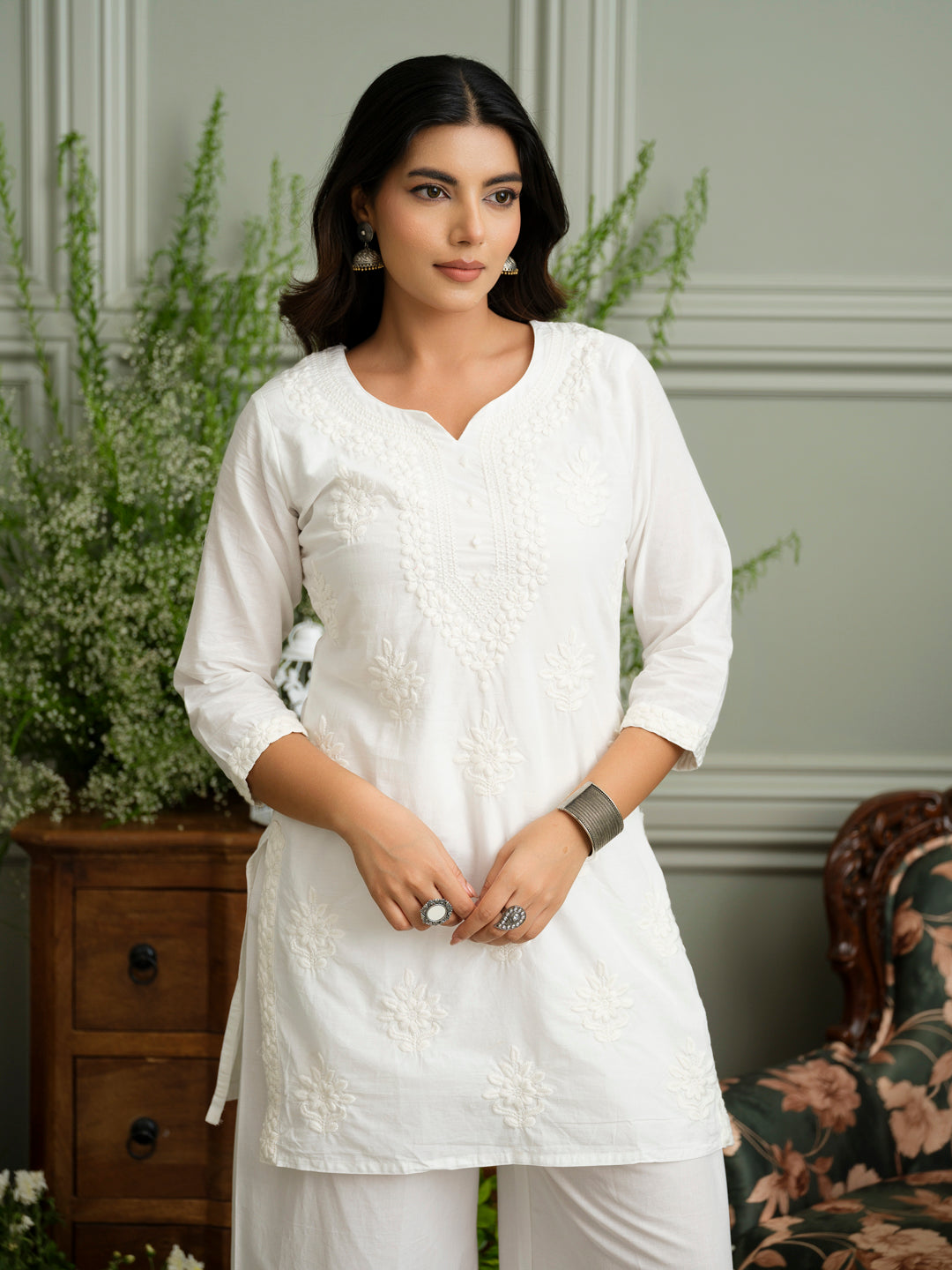 White Embroidered Cotton Co-ord Set with Kurta & Wide-Leg Pants