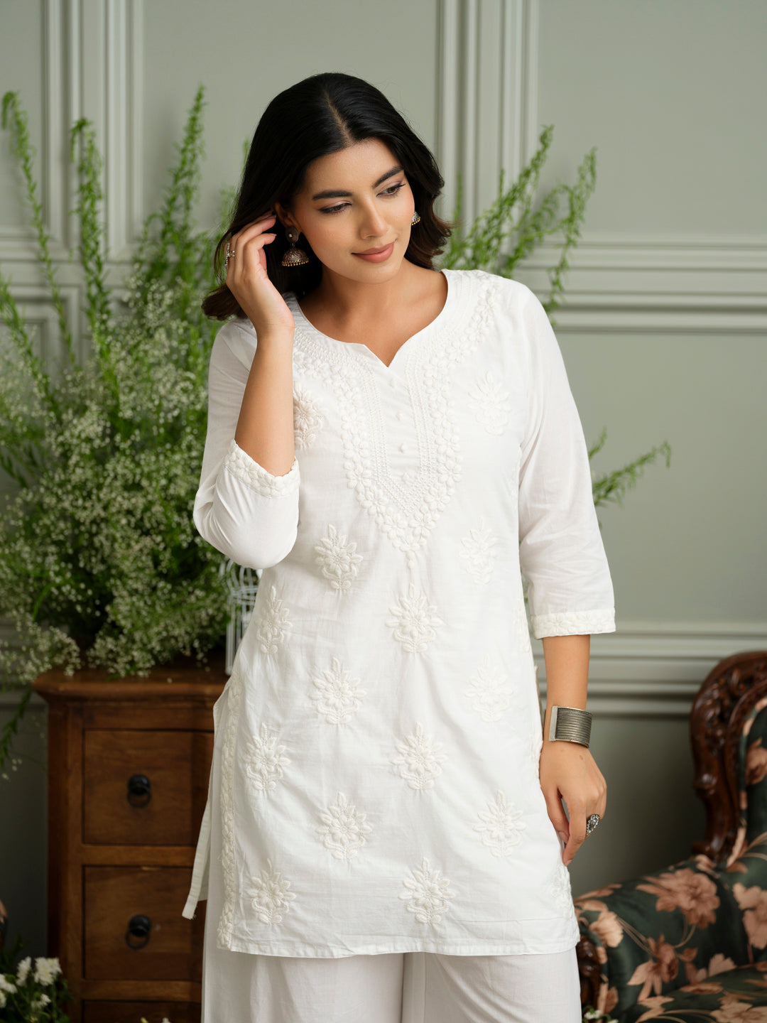 White Embroidered Cotton Co-ord Set with Kurta & Wide-Leg Pants