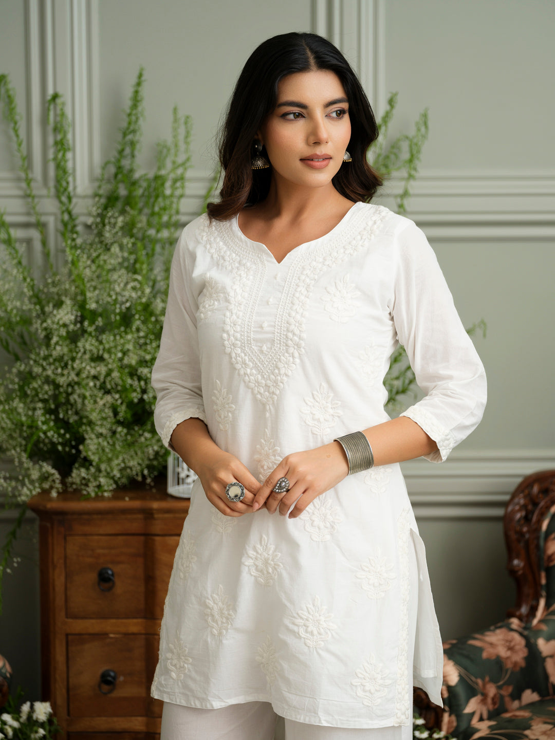 White Embroidered Cotton Co-ord Set with Kurta & Wide-Leg Pants