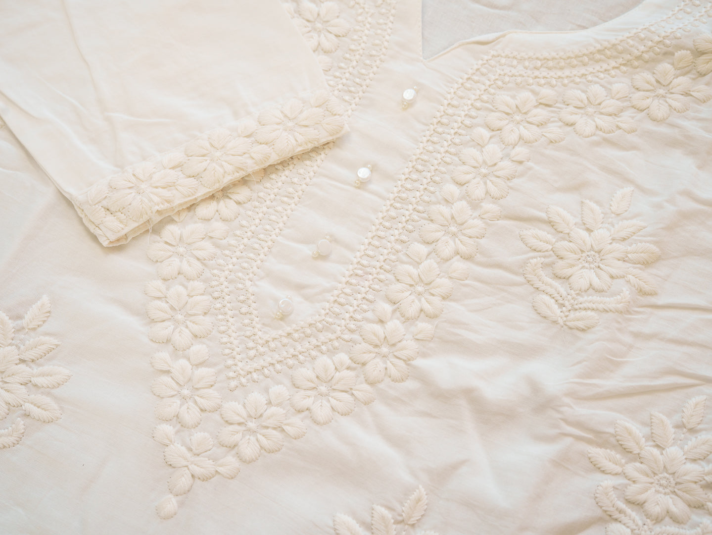 White Embroidered Cotton Co-ord Set with Kurta & Wide-Leg Pants