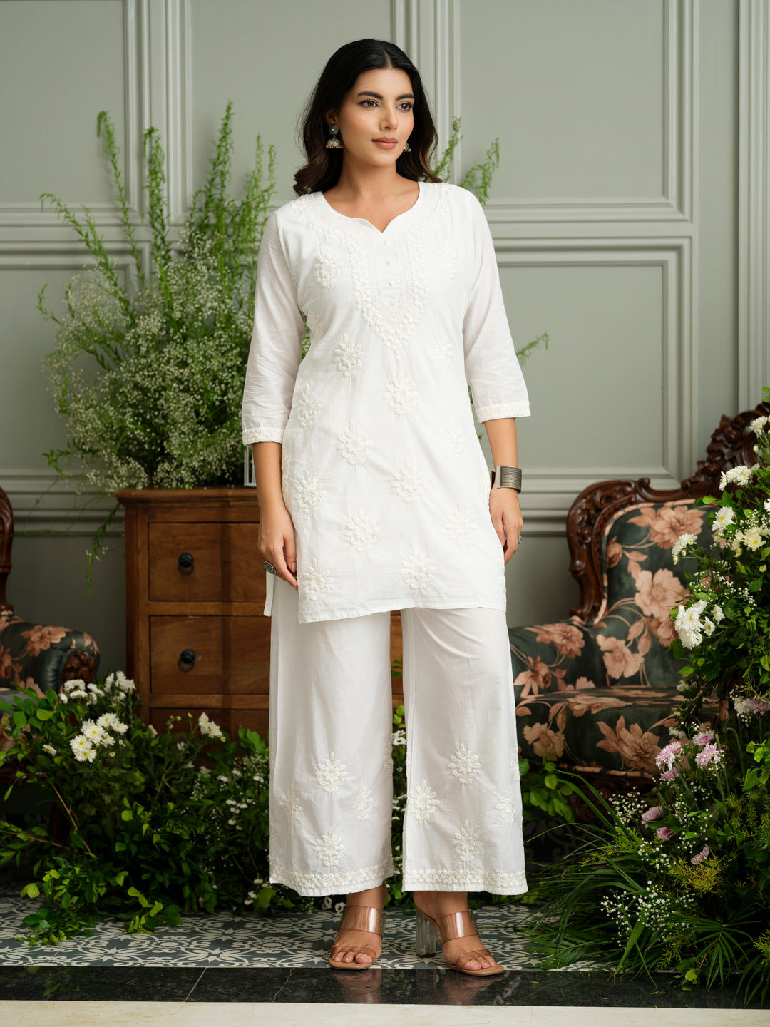 White Embroidered Cotton Co-ord Set with Kurta & Wide-Leg Pants