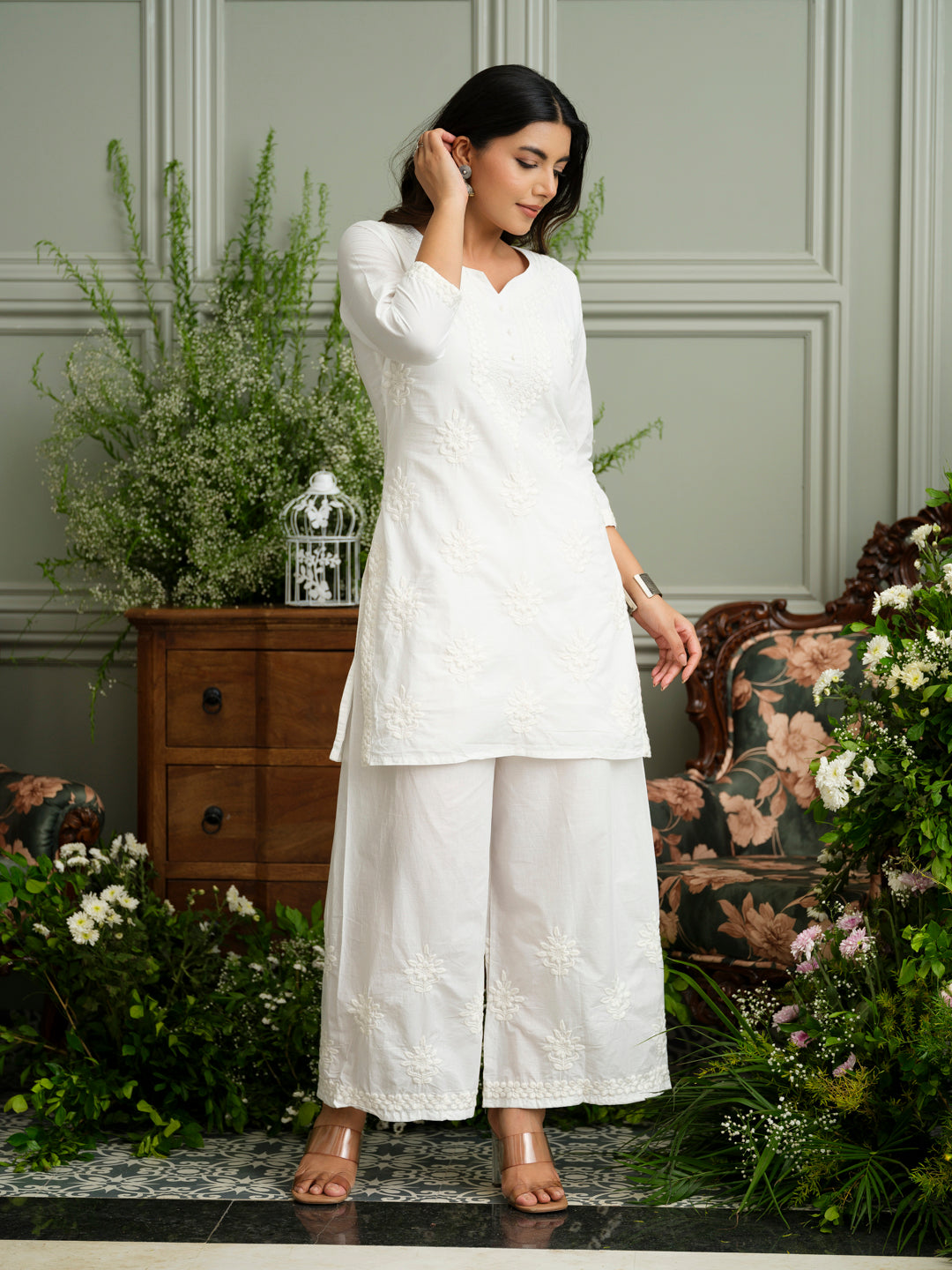 White Embroidered Cotton Co-ord Set with Kurta & Wide-Leg Pants