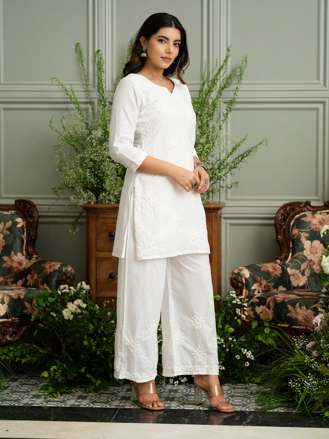 White Embroidered Cotton Co-ord Set with Kurta & Wide-Leg Pants