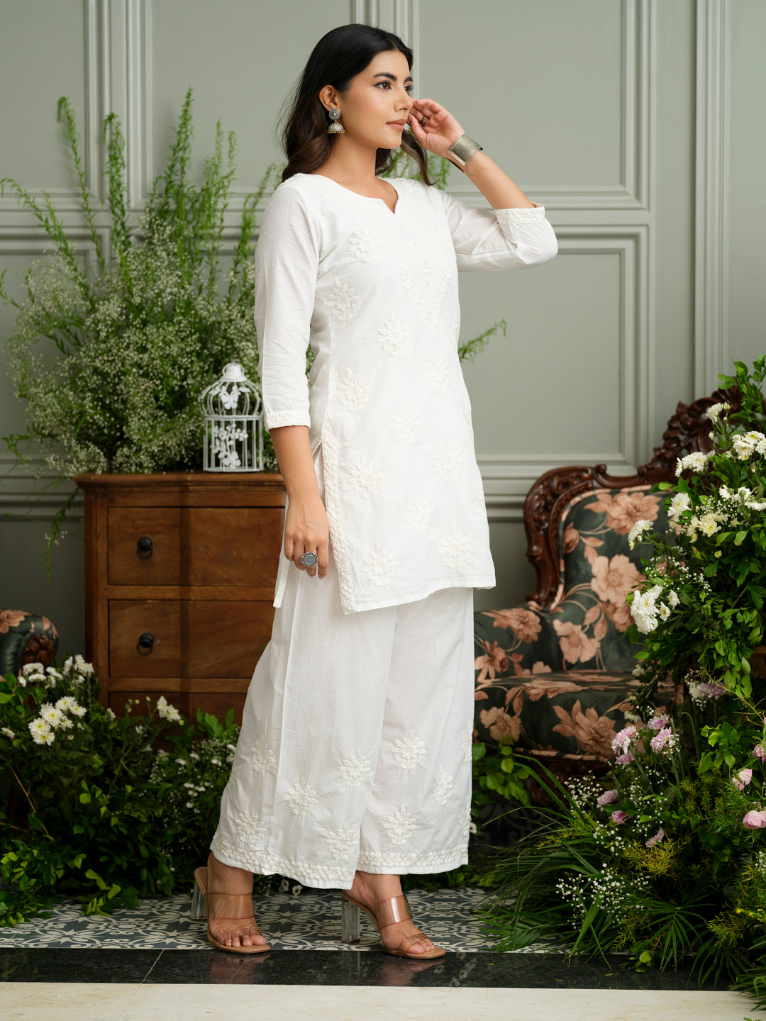 White Embroidered Cotton Co-ord Set with Kurta & Wide-Leg Pants