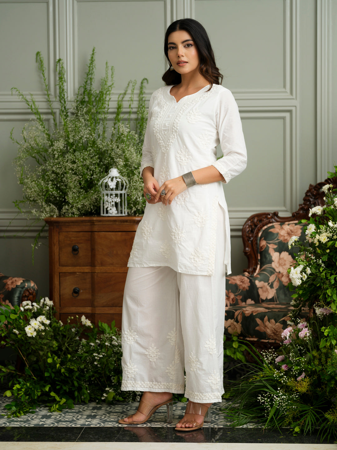White Embroidered Cotton Co-ord Set with Kurta & Wide-Leg Pants