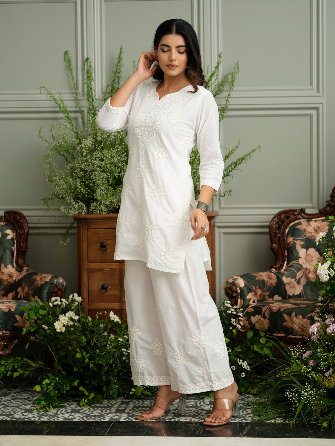 White Embroidered Cotton Co-ord Set with Kurta & Wide-Leg Pants