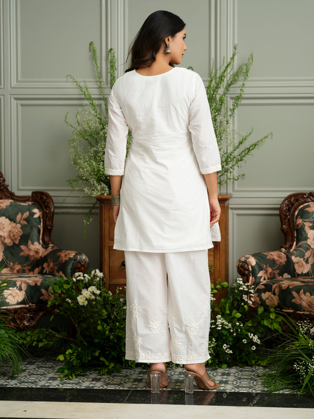 White Embroidered Cotton Co-ord Set with Kurta & Wide-Leg Pants