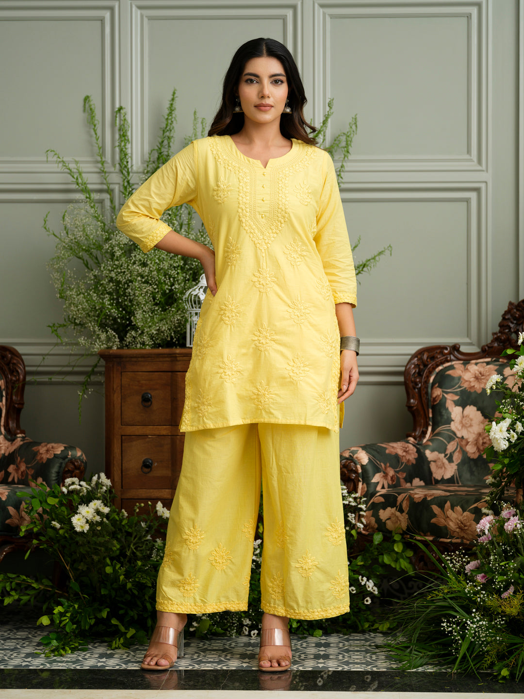 Yellow Embroidered Cotton Co-ord Set with Kurta & Wide-Leg Pants