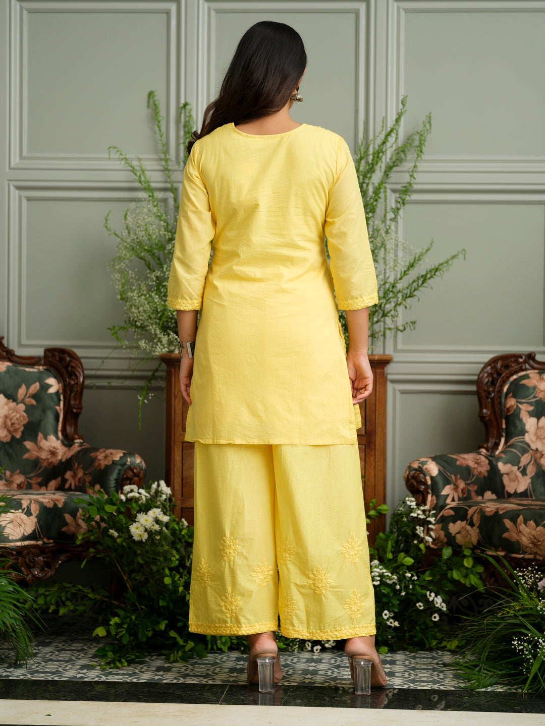 Yellow Embroidered Cotton Co-ord Set with Kurta & Wide-Leg Pants