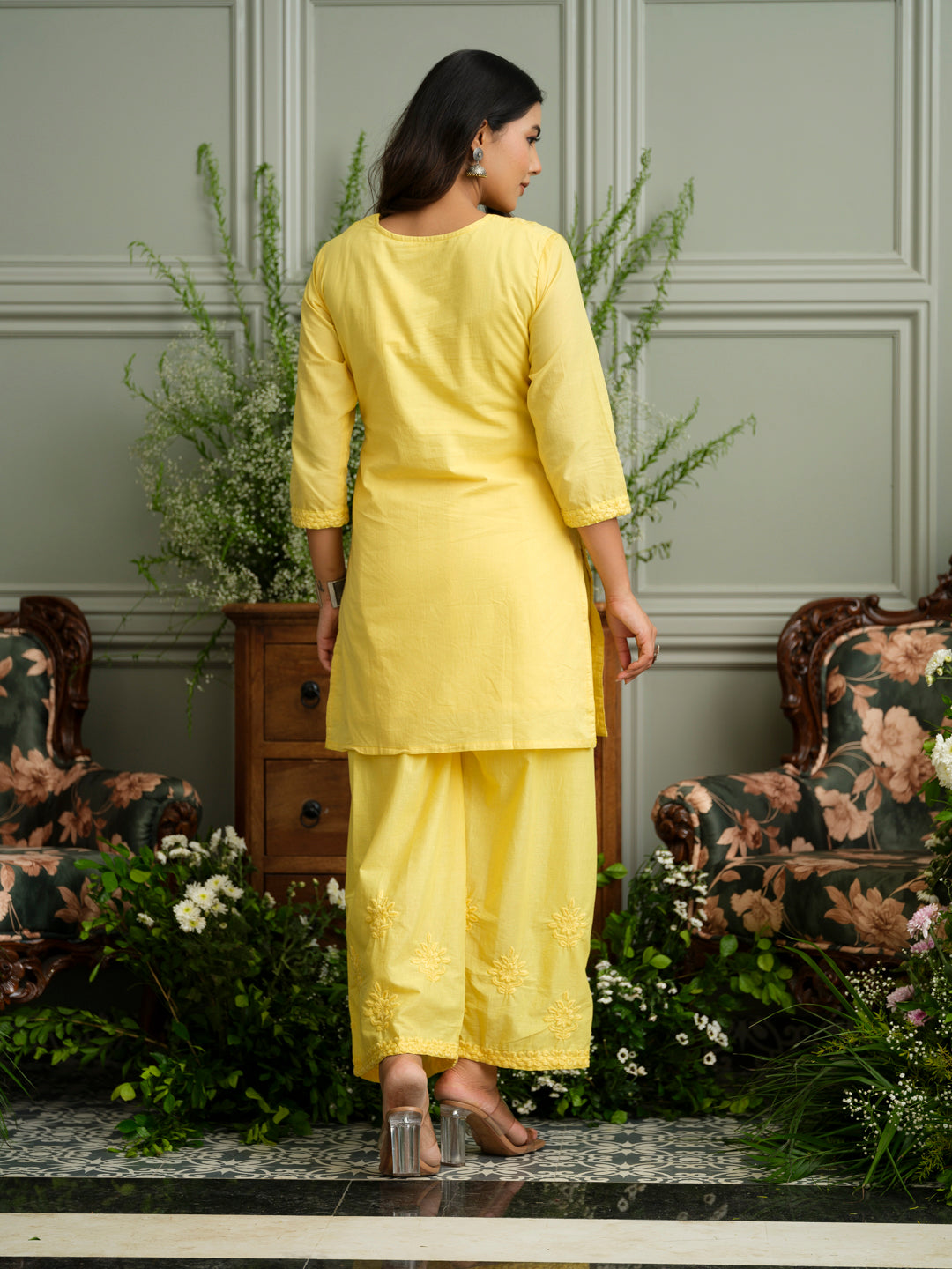 Yellow Embroidered Cotton Co-ord Set with Kurta & Wide-Leg Pants