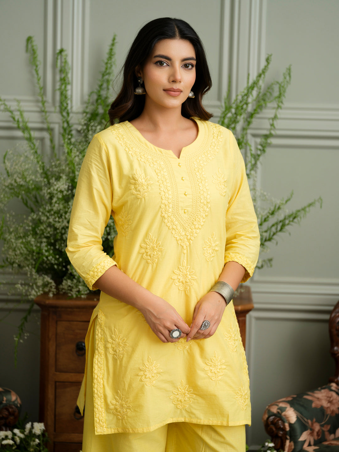 Yellow Embroidered Cotton Co-ord Set with Kurta & Wide-Leg Pants