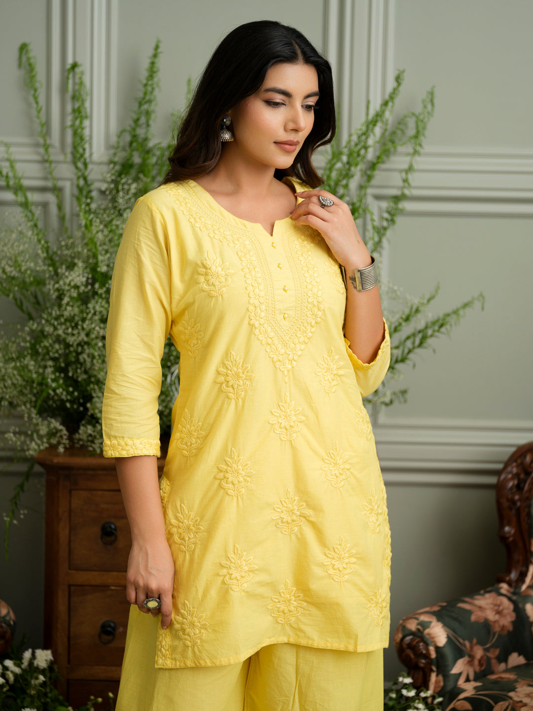 Yellow Embroidered Cotton Co-ord Set with Kurta & Wide-Leg Pants