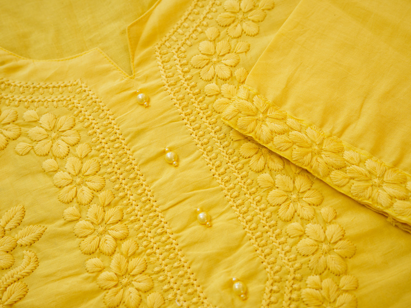 Yellow Embroidered Cotton Co-ord Set with Kurta & Wide-Leg Pants