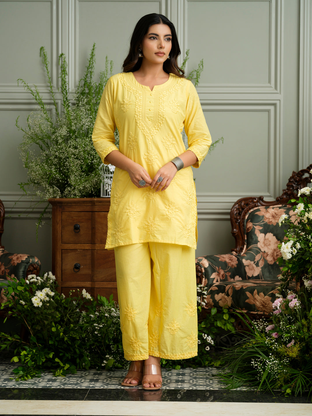 Yellow Embroidered Cotton Co-ord Set with Kurta & Wide-Leg Pants