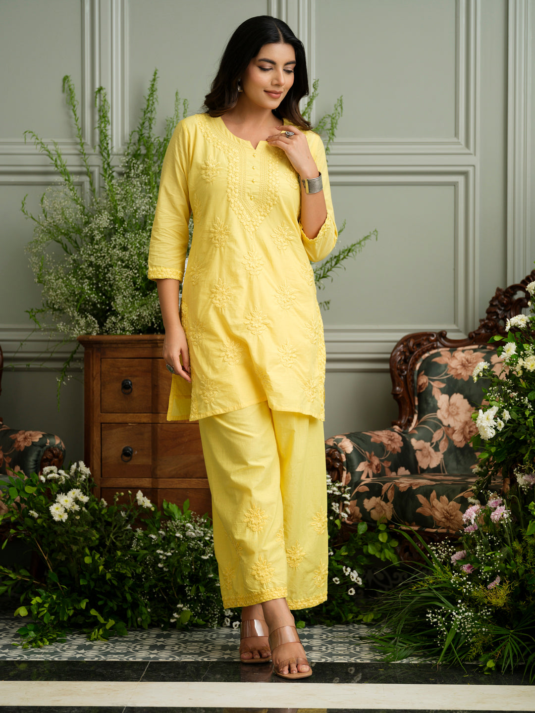 Yellow Embroidered Cotton Co-ord Set with Kurta & Wide-Leg Pants