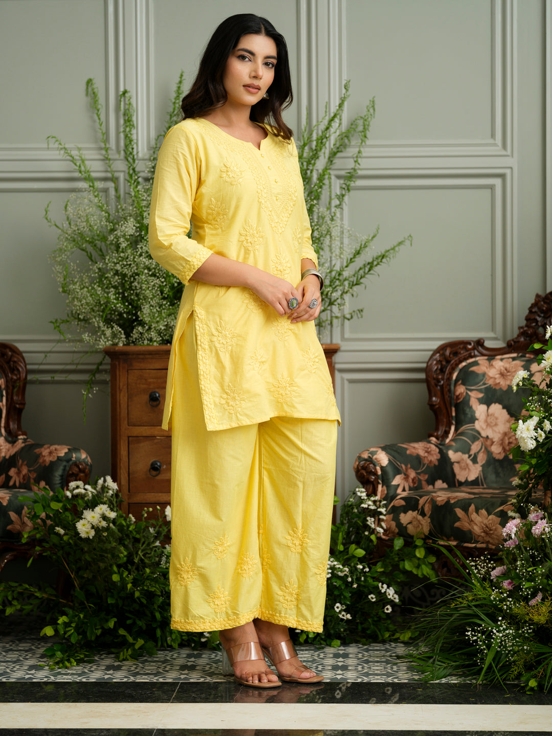 Yellow Embroidered Cotton Co-ord Set with Kurta & Wide-Leg Pants