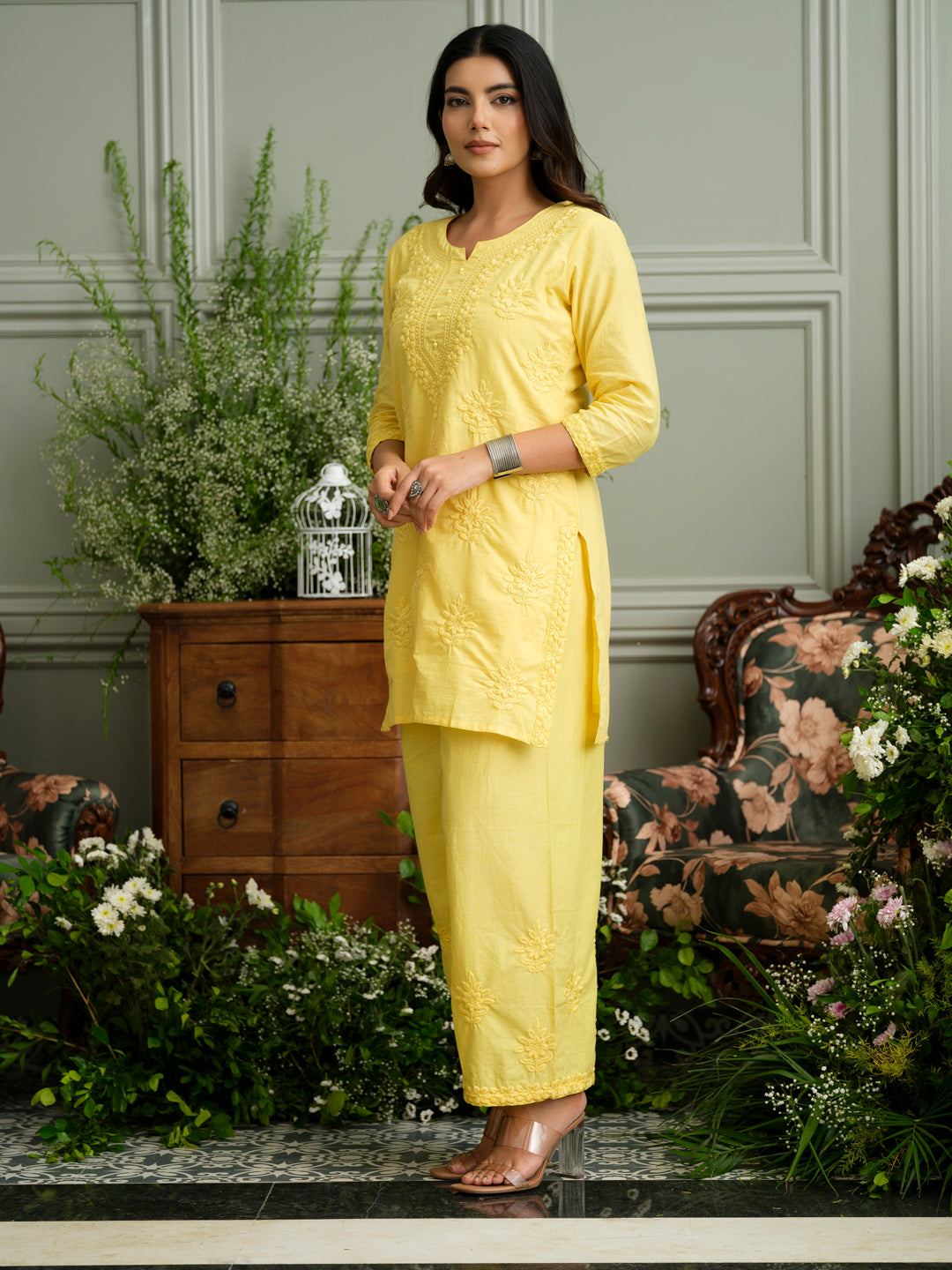 Yellow Embroidered Cotton Co-ord Set with Kurta & Wide-Leg Pants