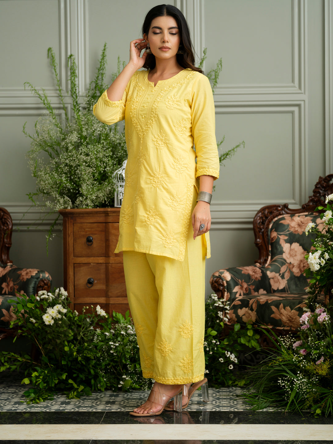 Yellow Embroidered Cotton Co-ord Set with Kurta & Wide-Leg Pants