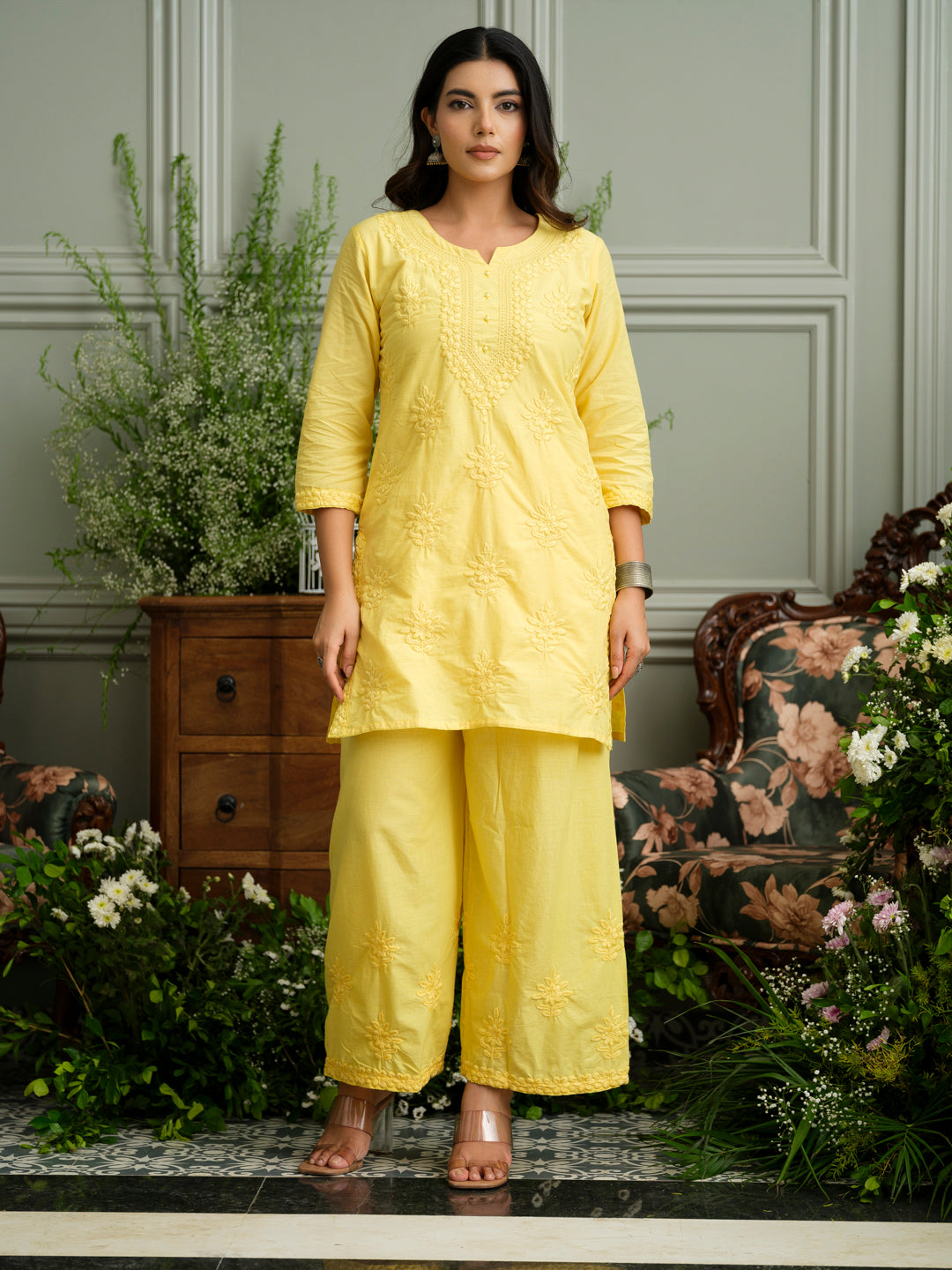 Yellow Embroidered Cotton Co-ord Set with Kurta & Wide-Leg Pants