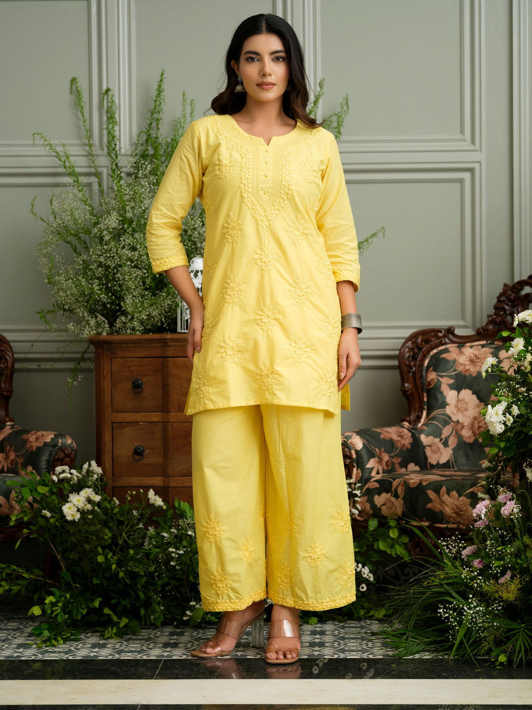 Yellow Embroidered Cotton Co-ord Set with Kurta & Wide-Leg Pants