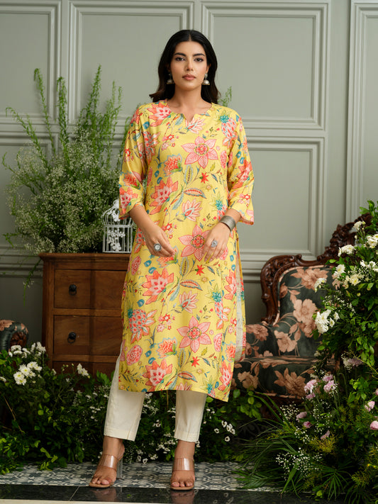 Mustard Rayon Kurta with Handwork and Bold Floral Print