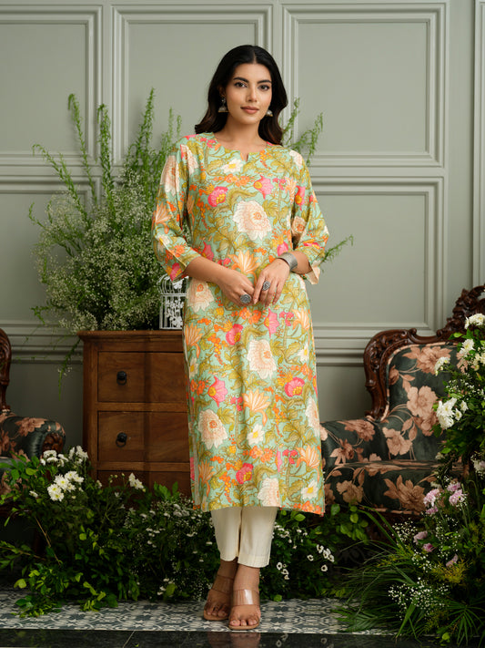 Light Green Rayon Kurta with Handwork and Floral Print