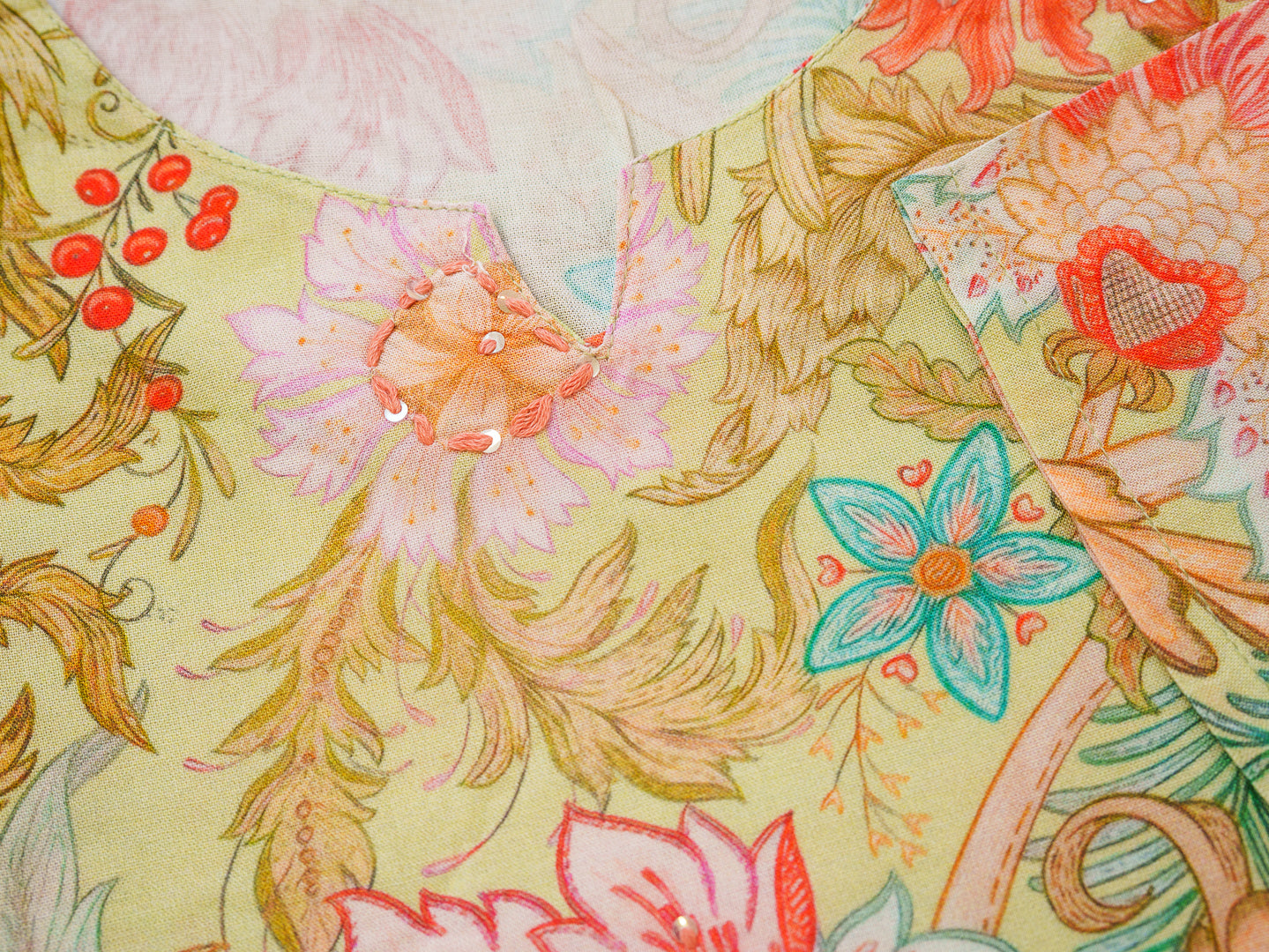 Beige Floral Rayon Kurta with Delicate Handwork