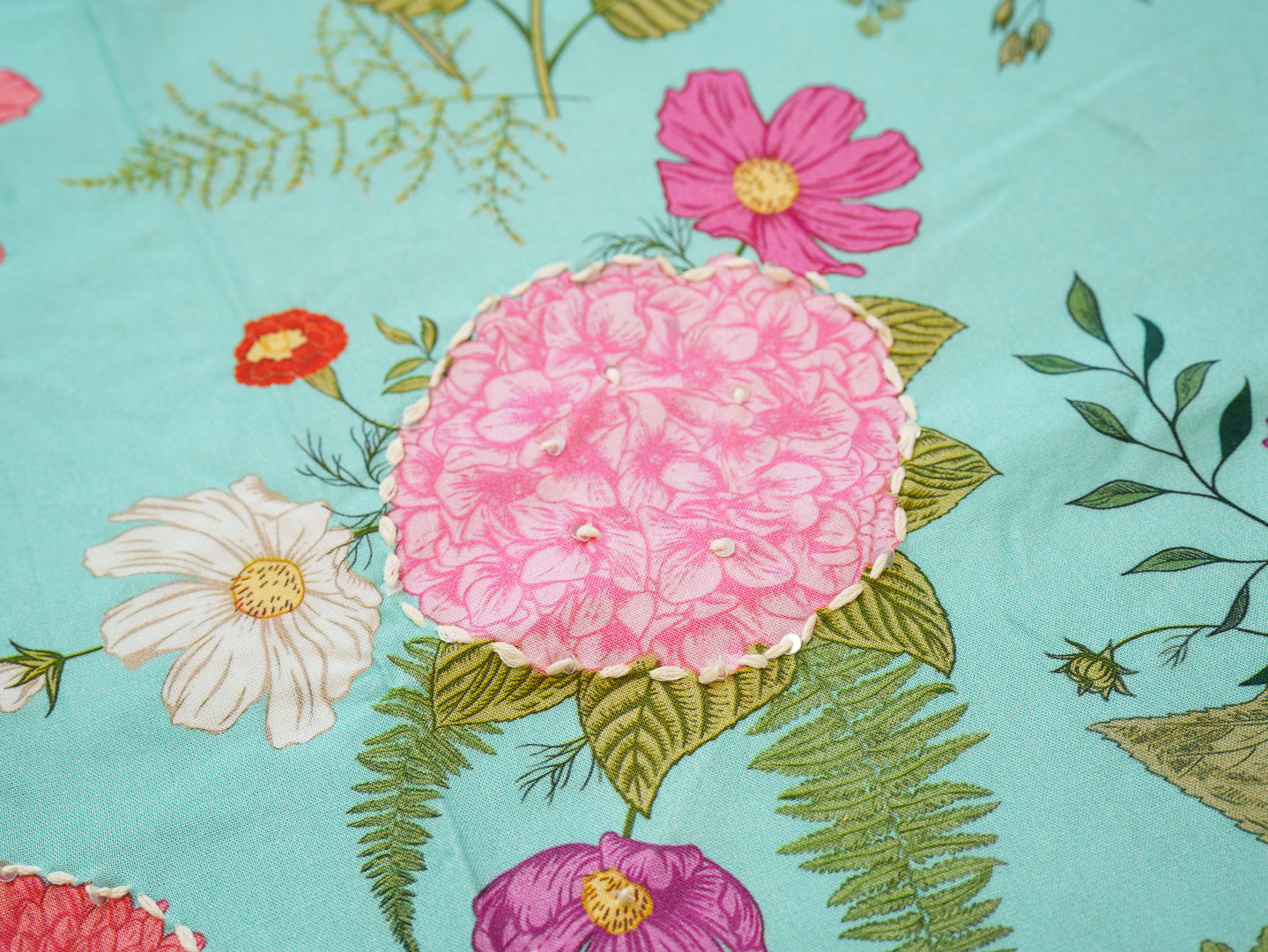 Sky Blue Rayon Kurta with Bold Floral Print & Handwork