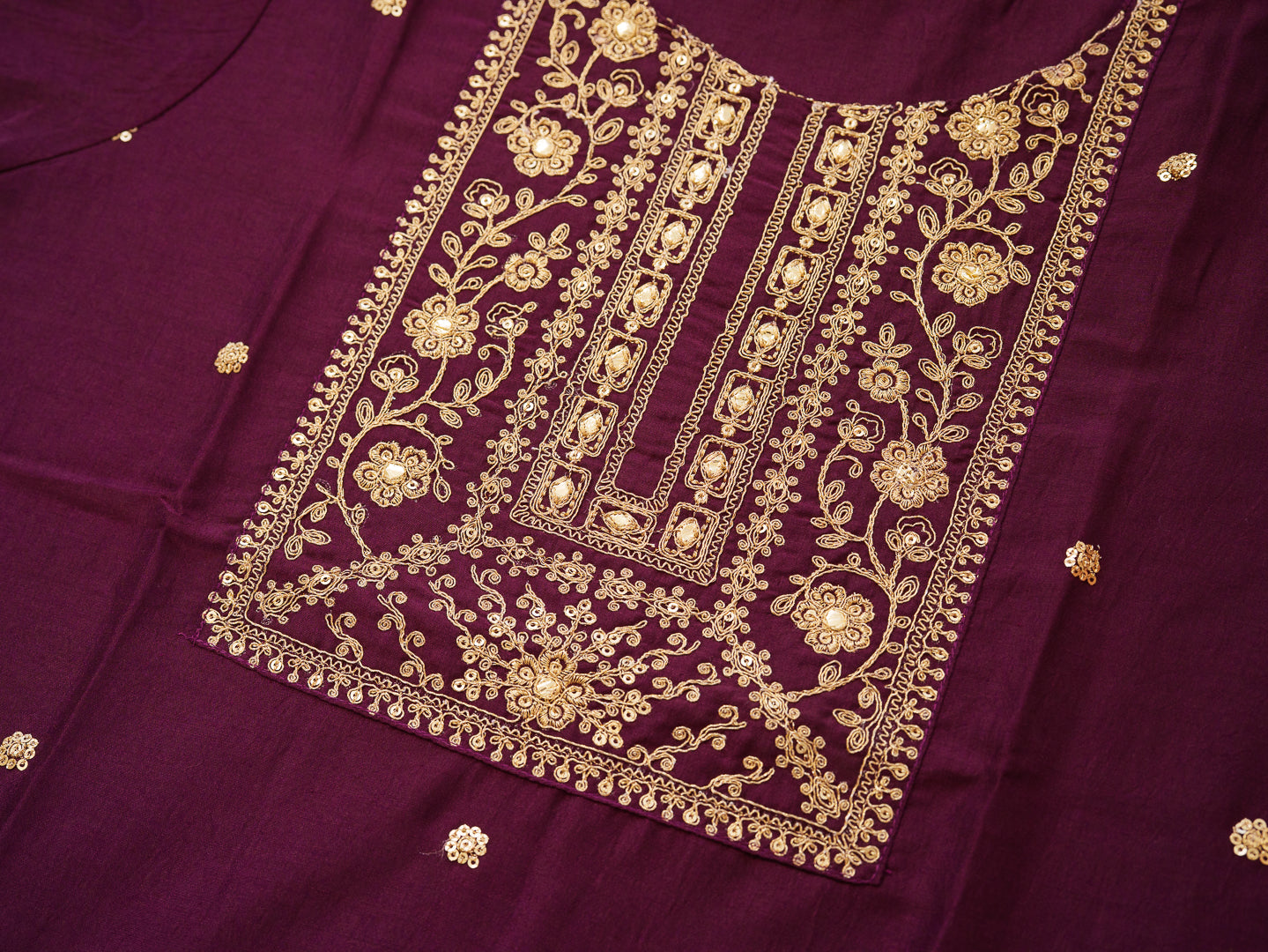 Wine Embroidered Kurta with Golden Polka Detailing and Yoke Design