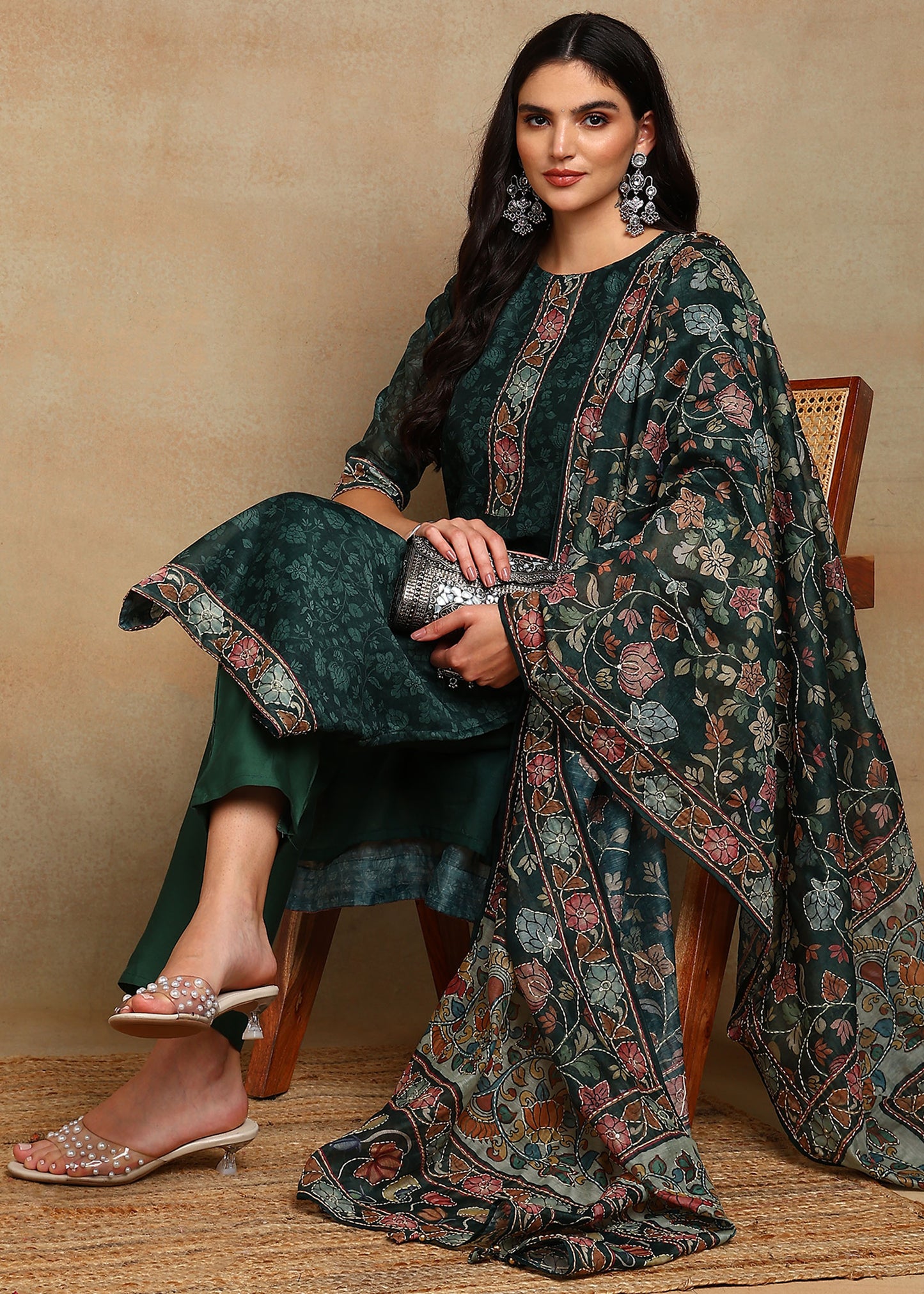 Women's Green Ethnic Motif Printed Kurta with Kantha & Sequin Work, Paired with Trousers and Dupatta