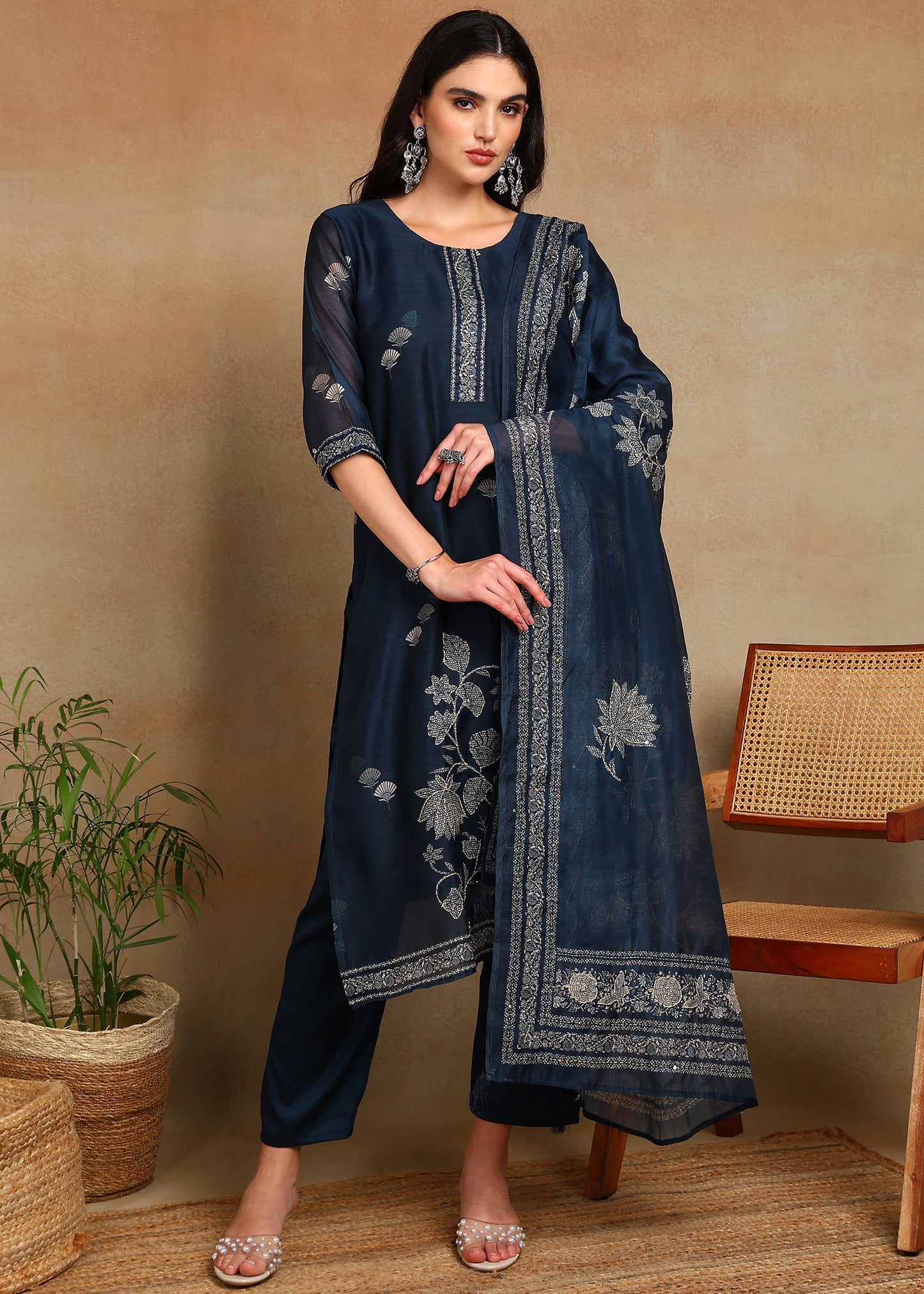 Women's Navy-Blue Ethnic Motif Printed Kurta with Kantha & Sequin Work, Paired with Trousers and Dupatta
