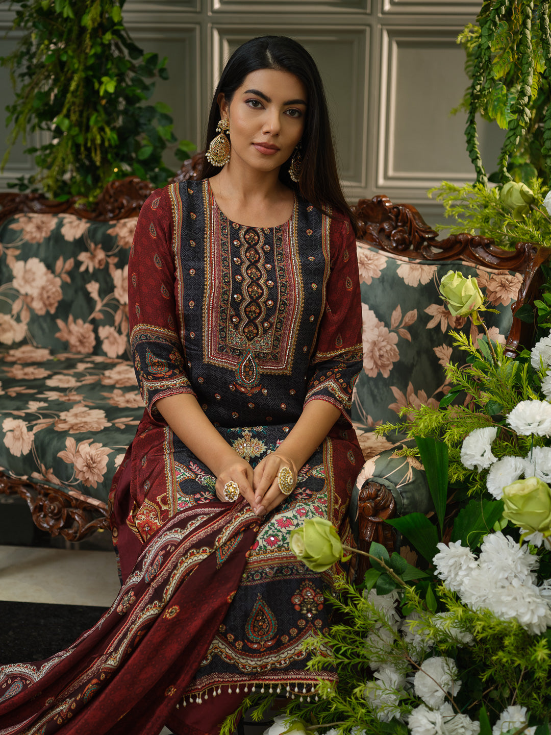 Maroon & Black Printed Kurta Set with Embroidered Yoke, Pants & Dupatta