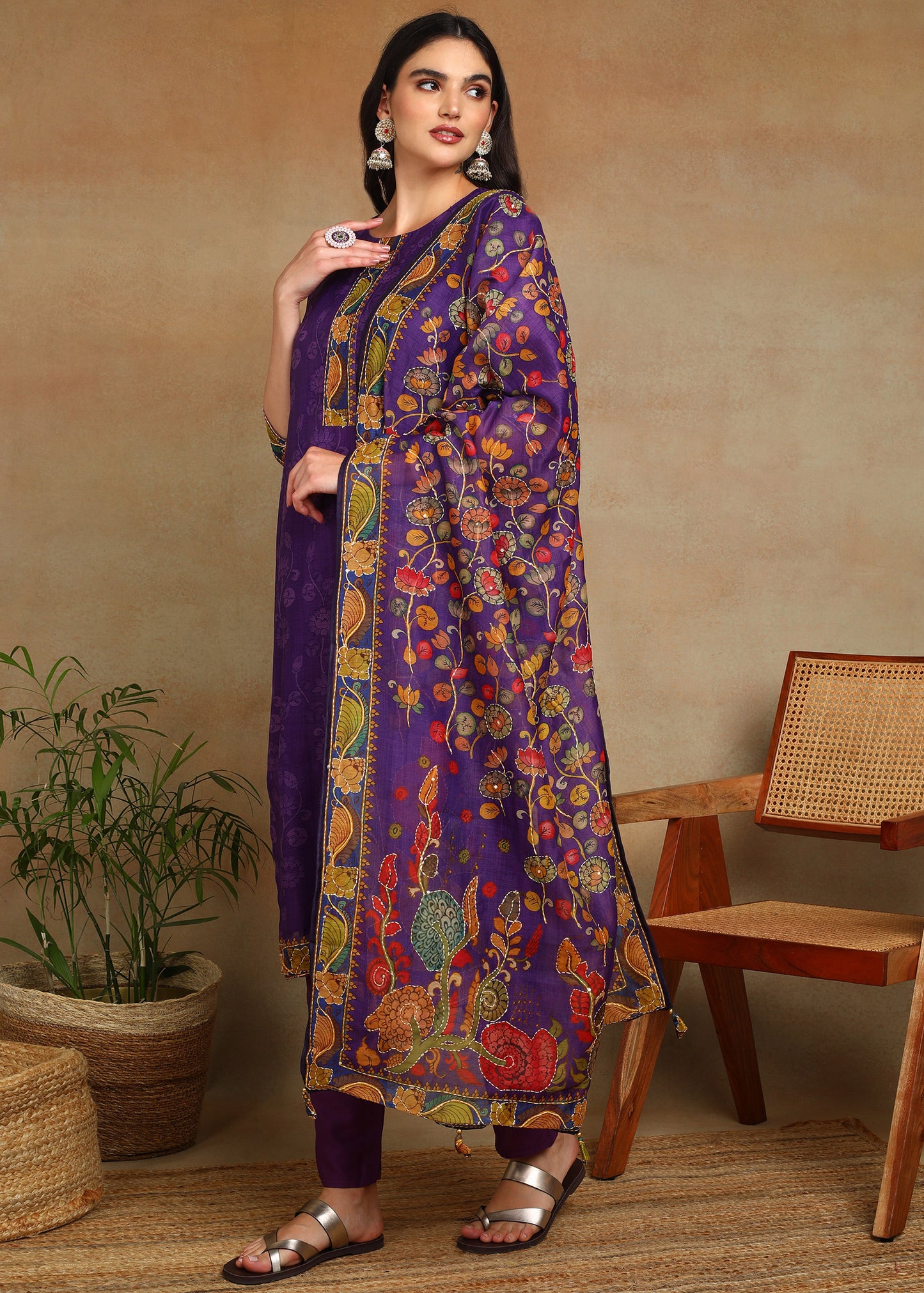 Women's Purple Ethnic Motif Printed Kurta with Kantha & Sequin Work, Paired with Trousers and Dupatta