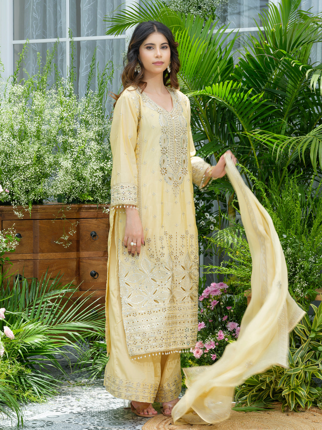 Embroidered Mirror and Cut Work Pakistani Kurta with Trouser and Dupatta Set