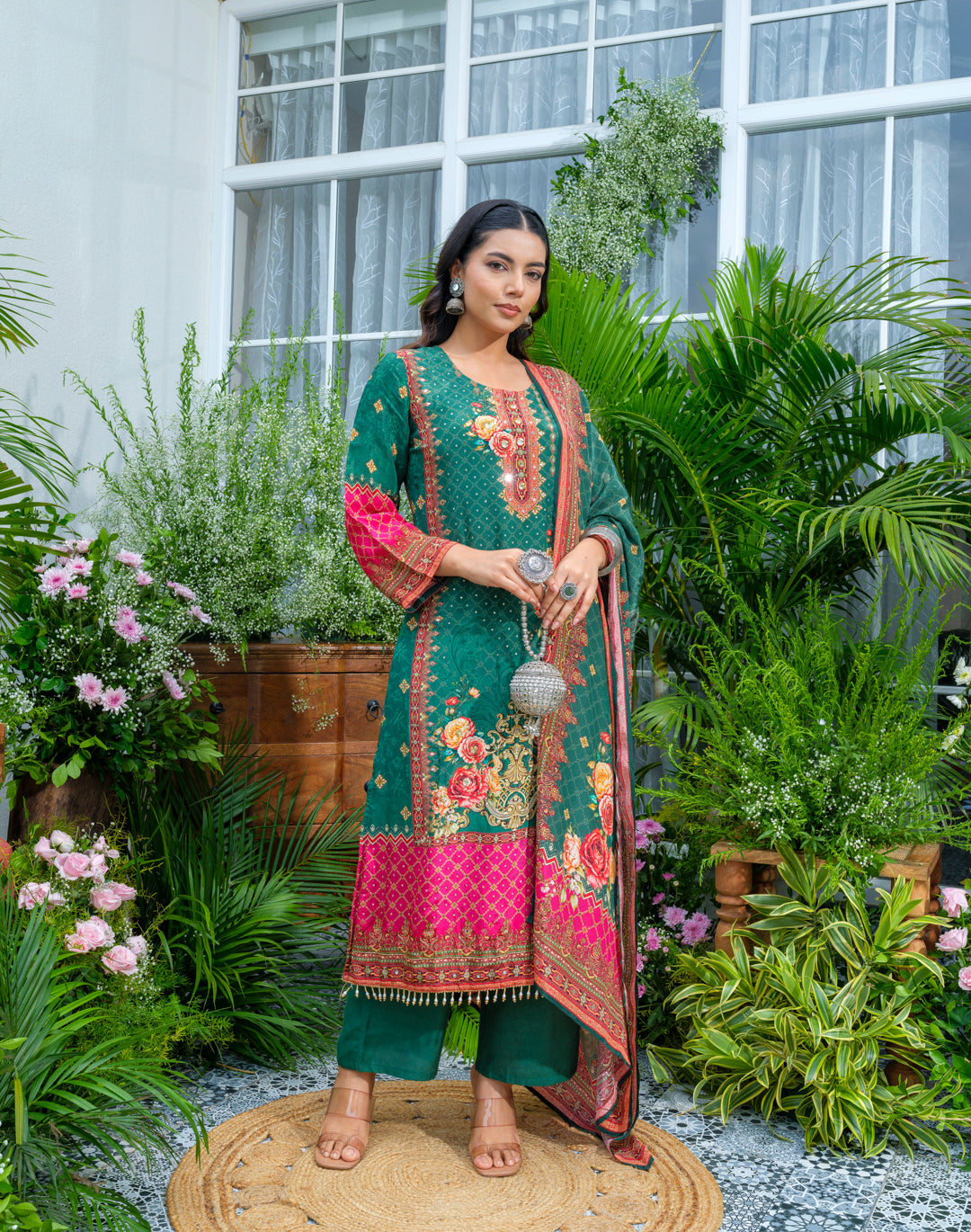 Elegant Green And Pink Floral Embroidered Kurta With Dupatta