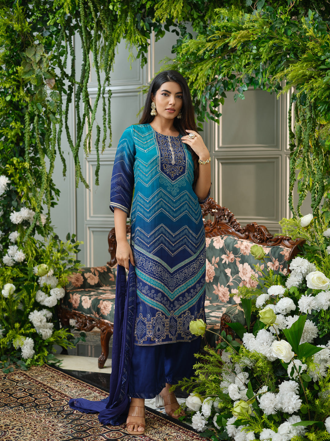 Teal & Navy Blue Crepe Silk Kurta Set with Chiffon Dupatta & Handwork