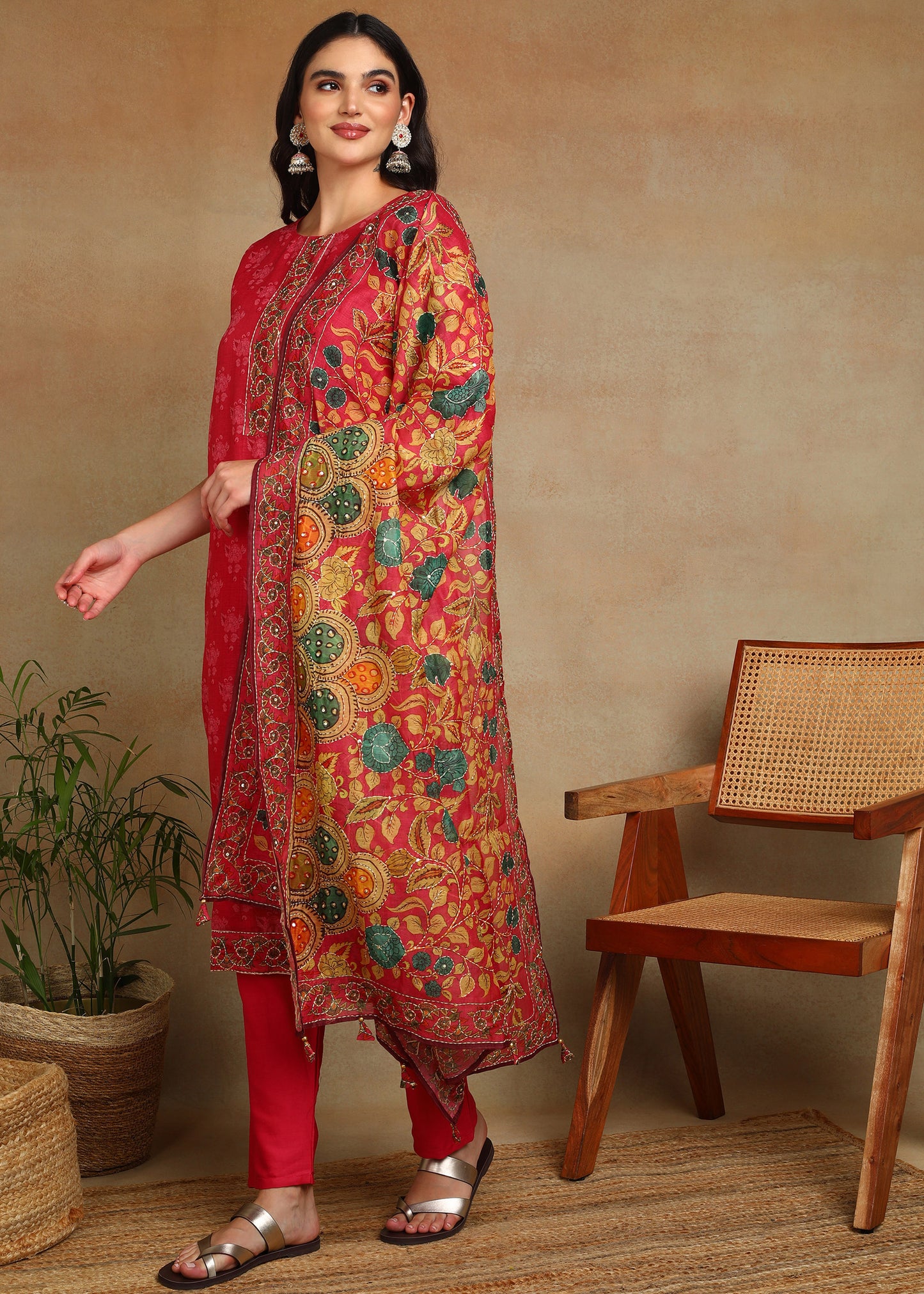 Women's Pink Ethnic Motif Printed Kurta with Kantha & Sequin Work, Paired with Trousers and Dupatta